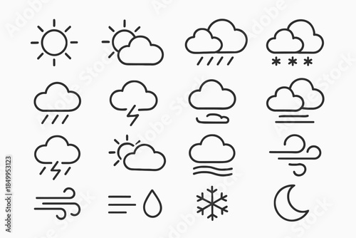 Minimalist weather icons collection featuring sun, cloud, rain, wind, and snow symbols