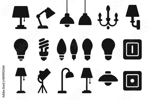 Variety of lighting fixtures and bulb icons in black silhouette design