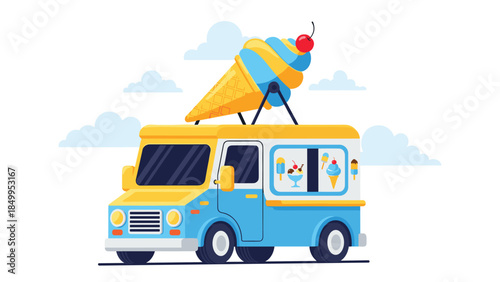 Colorful ice cream truck with a giant cone on top offers a sweet treat on a bright, sunny day.
