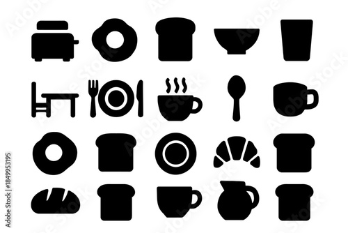 Set of solid black breakfast icons including toaster, coffee, and bread