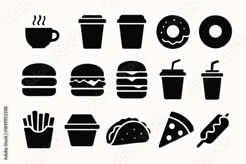 Icon set of fast food and beverages - coffee, burger, donut, pizza, taco, fries