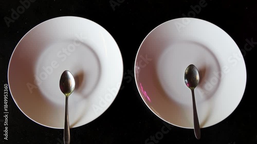 empty plates with spoons on black background depicting minimalist dining concept