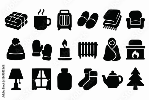 Winter comfort icons: cozy accessories and warmth essentials collection