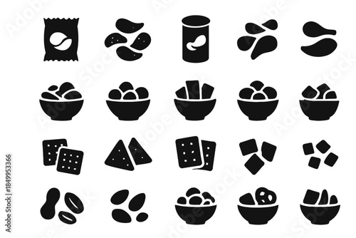 Assorted snack icons: chips, crackers, nuts, bowls, packages