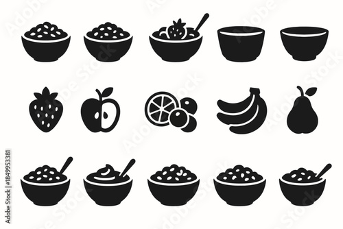 Black silhouette icons of bowls, fruits, and desserts
