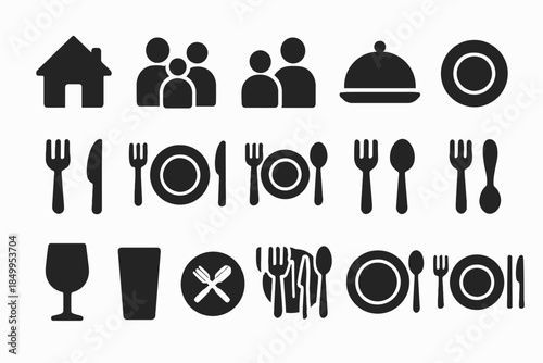 Collection of dining and home icons featuring cutlery, plates, and family silhouettes