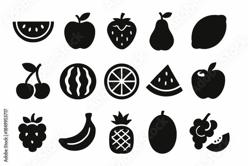Collection of fruit icons: watermelon, apple, strawberry, pear, lemon, cherry, and more