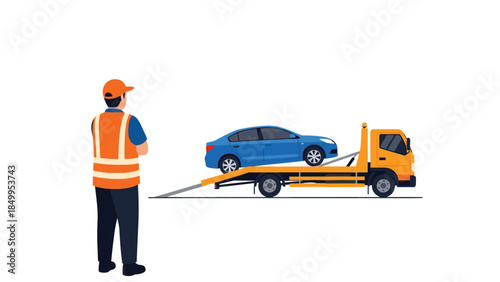 A tow truck operator observes a blue sedan secured on the flatbed of a yellow vehicle recovery truck, ready for transport.