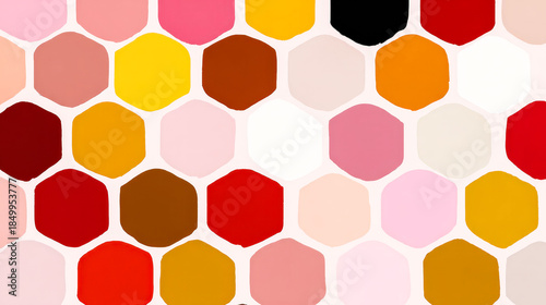 Colorful pattern of squares and triangles. The colors are bright and bold, creating a lively and energetic mood. The pattern is reminiscent of a mosaic or a tiled floor, with each square