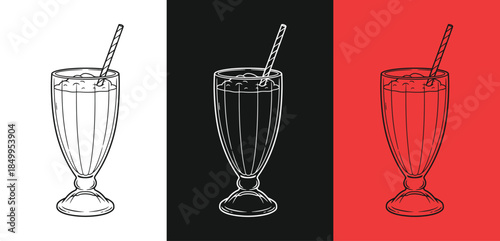 Illustration of three glasses with straws in white black and red backgrounds