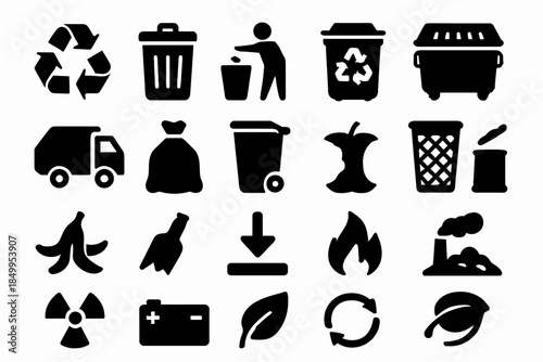 Waste management icons: recycling, disposal, and environmental symbols