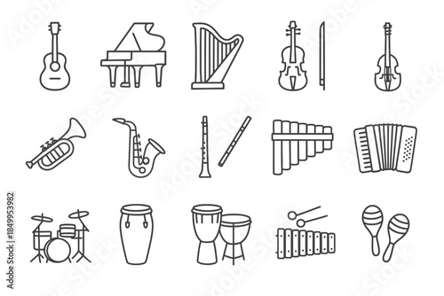 Set of musical instrument icons including guitar, piano, accordion, drums, and more