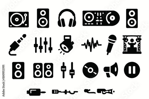 Audio equipment icons set: headphones, microphone, speakers, dj mixer, sound wave