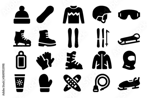 Winter sports gear icons: skating, snowboarding, skiing, sledding equipment