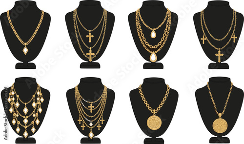 Luxury gold necklace collection display on black bust stands featuring chains pendants crosses coins elegant jewelry vector illustration set design
