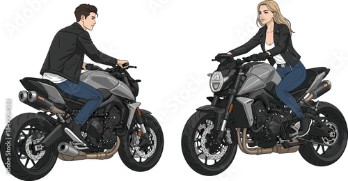 Stylish man and woman riding modern sport motorcycles urban street lifestyle transport adventure isolated detailed vector illustration on white background
