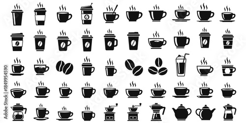 Coffee culture icon set, brewing equipment symbols, cafe drink elements, mug bean grinder sketch, flat vector illustration