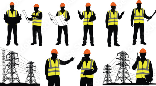 Construction worker silhouettes collection wearing safety helmets and reflective vests with tools power lines industrial engineering vector illustration set