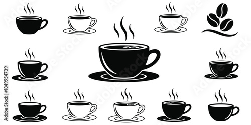 Coffee cup icon set, hot beverage symbols, cafe branding elements, espresso mug designs, black and white sketch, flat vector illustration