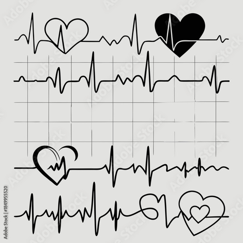  Set of stylized heart symbols and ECG heartbeat line art in black.