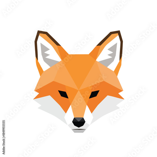 Geometric, polygonal fox head with orange, white, and black hues on white background