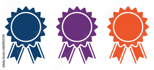 colorful vector award ribbons set, blue, purple, and red prize rosettes for first place winner, symbolizing rank titles, success hierarchy