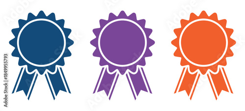 colorful vector award ribbons set, blue, purple, and red prize rosettes for first place winner, rank titles, achievement levels, competition results and victory recognition design