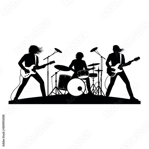A rock band silhouette is performing on stage with guitars and drums.