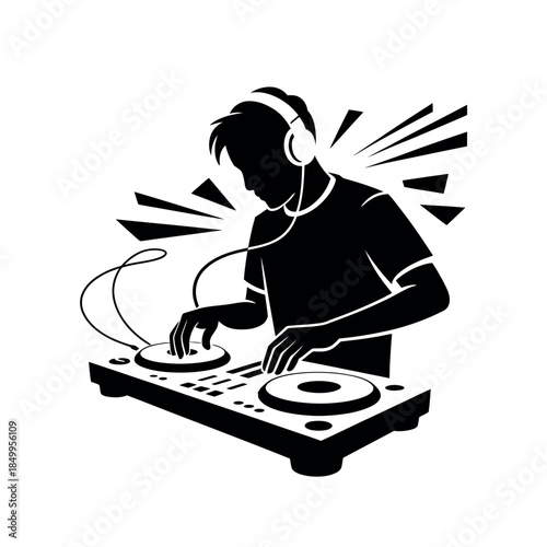 A DJ wearing headphones plays music on a turntable at a party.