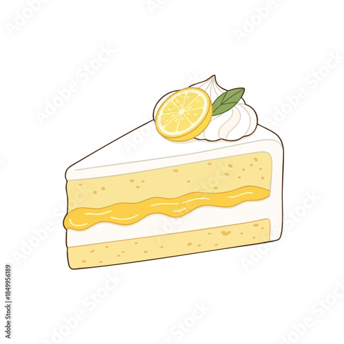 An illustration of a slice of layered cake with lemon garnish and whipped cream