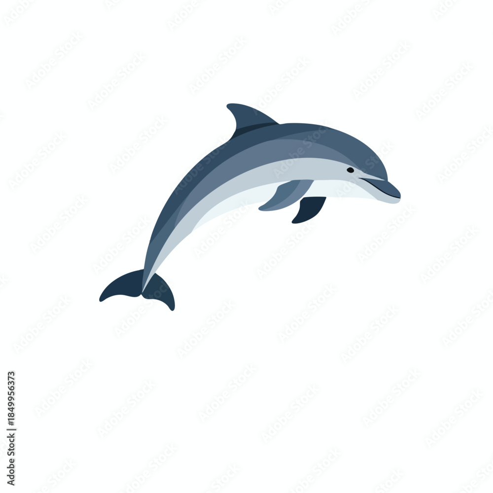 Fototapeta premium Flat illustration of a blue dolphin leaping against a stark white backdrop