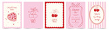 Valentine’s Day card set in vintage coquette style with hand drawn cherries, bows, cake, decorative frames. Romantic template for celebration, poster, invitation, banner, ads, branding, cover, label