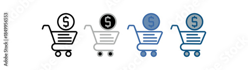 
Cash and carry icon set multiple style collection with trolley basket and money design