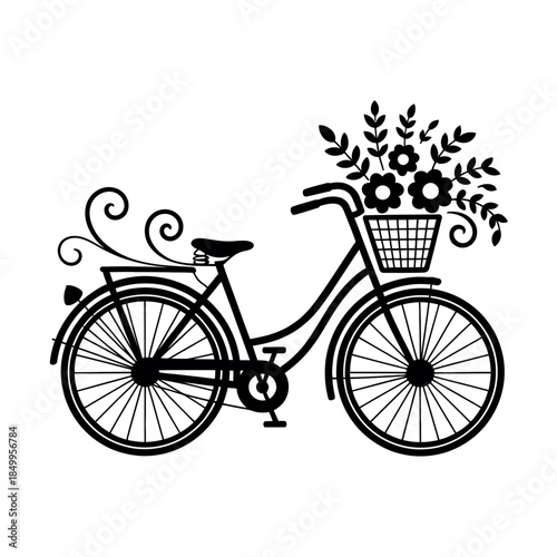 A vintage bicycle with a basket full of flowers is depicted in black and white.