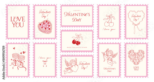Valentine's Day postage stamp Set with hand drawn Cupid doodles, cherry, cake, bow and romantic line art illustrations. Vintage cards,  stickers, mail postmark. Vector illustration.