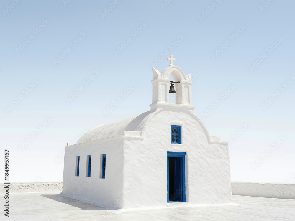 Obraz premium Church stands prominently on a bright coastal landscape