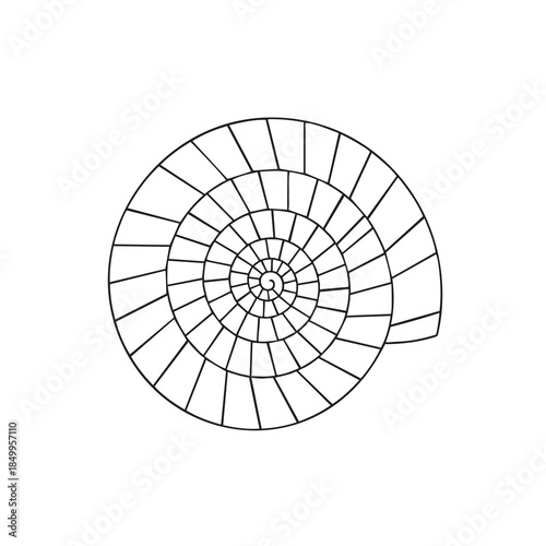 A black and white spiral design, composed of concentric rectangular segments