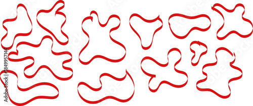 Collection of curved red satin ribbon loops and abstract shapes isolated on white background, set of decorative silk borders for design and gifts