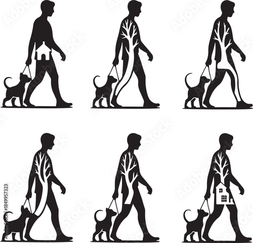 Dog Walking Silhouette Icon Set