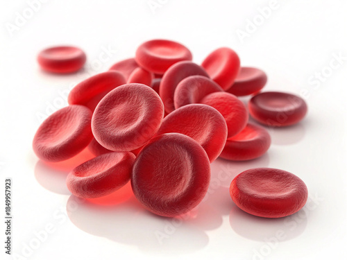 3D render of a small, compact cluster of red blood cells (erythrocytes) on a pure white background. The cells are depicted with a slight optical refraction effect.