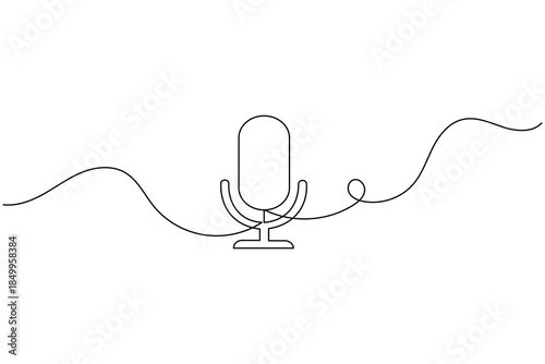 Vintage microphone continuous line drawing, broadcast and recording concept.