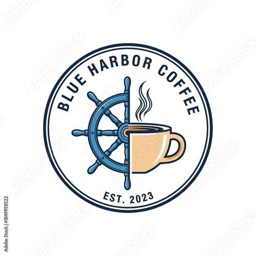 Blue Harbor Coffee Logo with Ships Wheel and Coffee Cup.