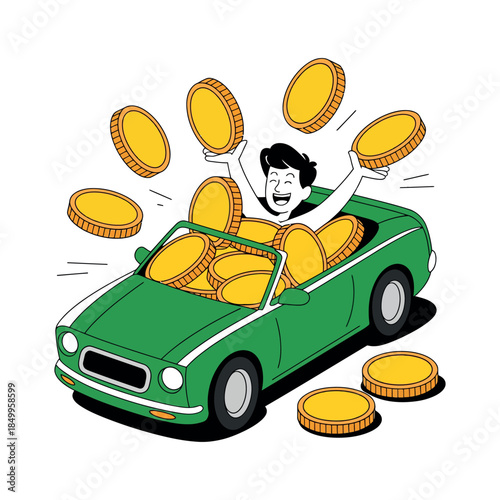 A joyful person drives a car filled with gold coins, symbolizing wealth and success.