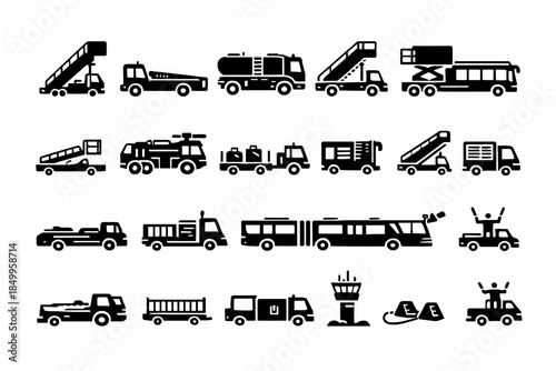 Collection of airport vehicle icons including baggage carts and fuel trucks