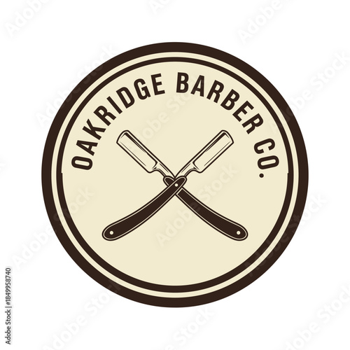 Oakridge Barber Co. Vintage Logo with Crossed Straight Razors.
