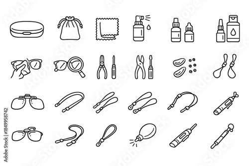 Eyeglass accessories collection with cases, cloths, straps, and maintenance tools