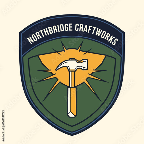 Northbridge Craftworks Logo Featuring Hammer and Sunburst Design.
