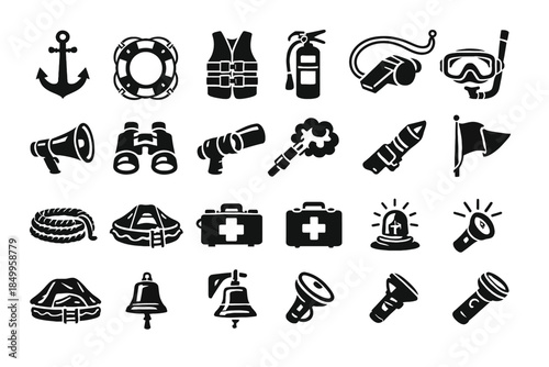 Collection of safety and navigation equipment icons for marine and outdoor activities