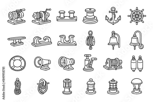 Nautical maritime tools and equipment outline icons collection