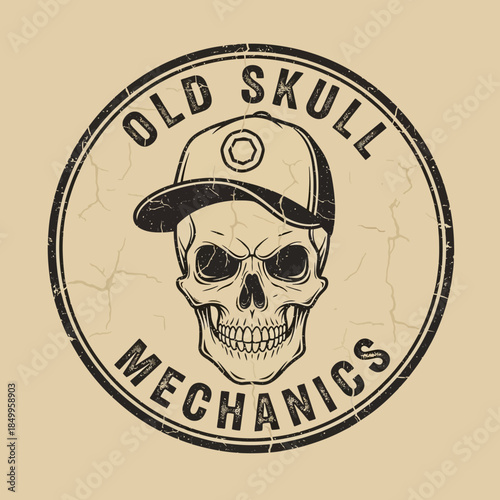 Skull Wearing Cap with Old Skull Mechanics Text in Circular Design.